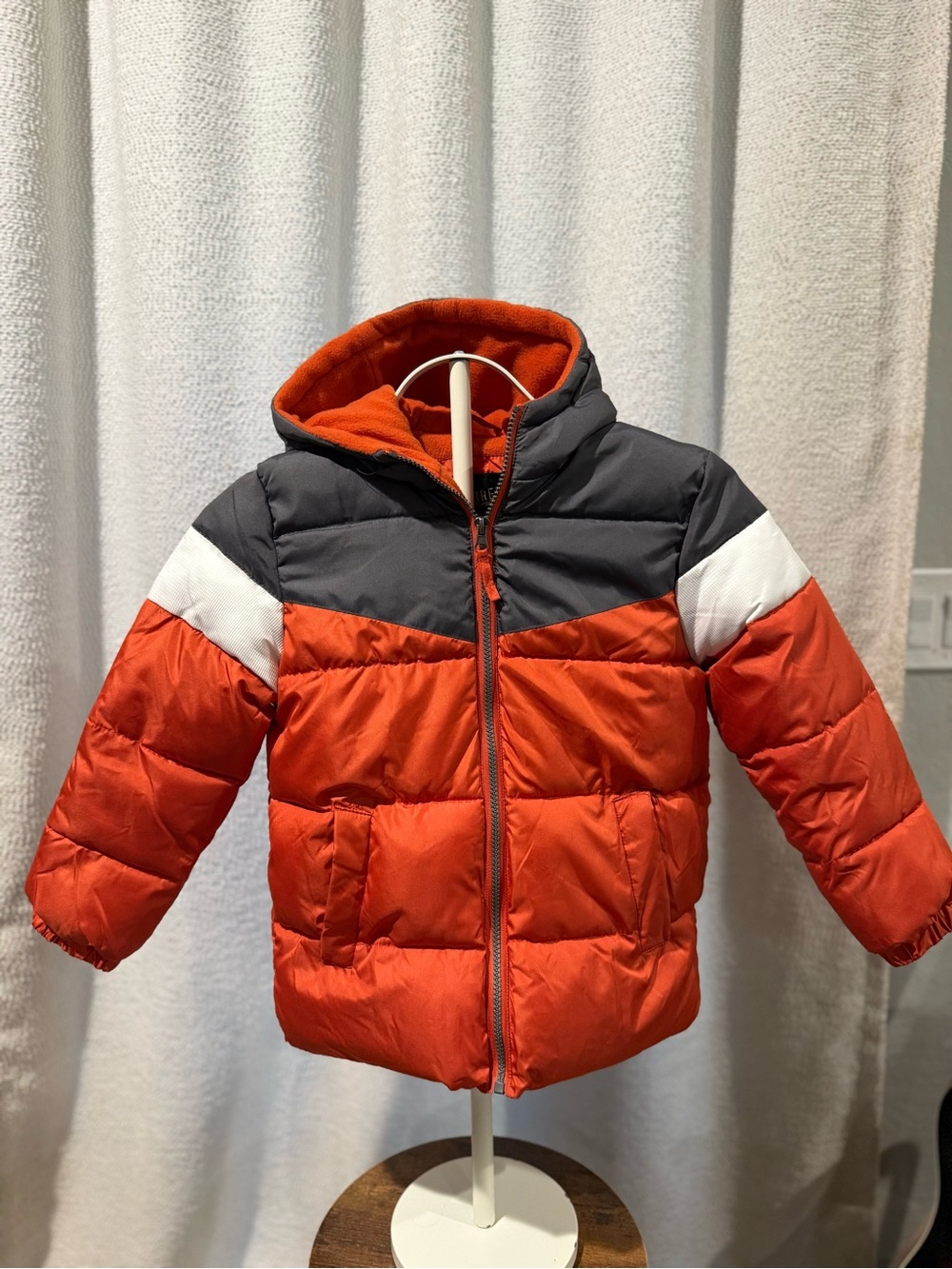 Children's Insulated Orange Hooded Puffer Coat with Contrast Panels
